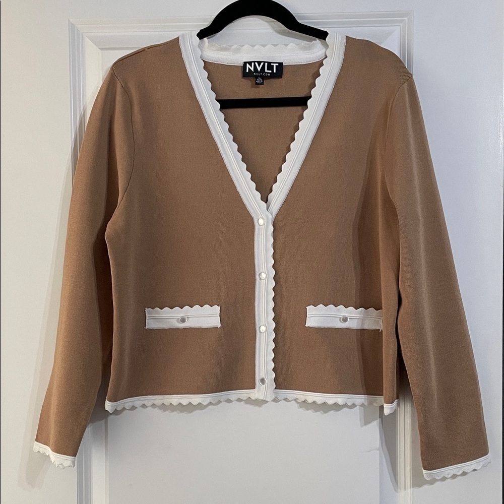 NVLT x Anthropologie Scallop Trim V Neck Cardigan Women's Size XL Camel NWOT